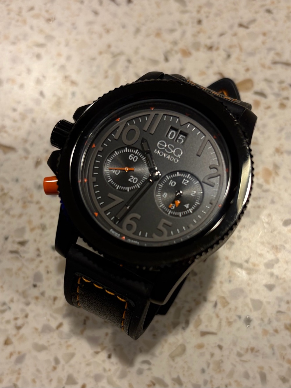 ESQ Movado Black Chronograph Watch with Orange Accents